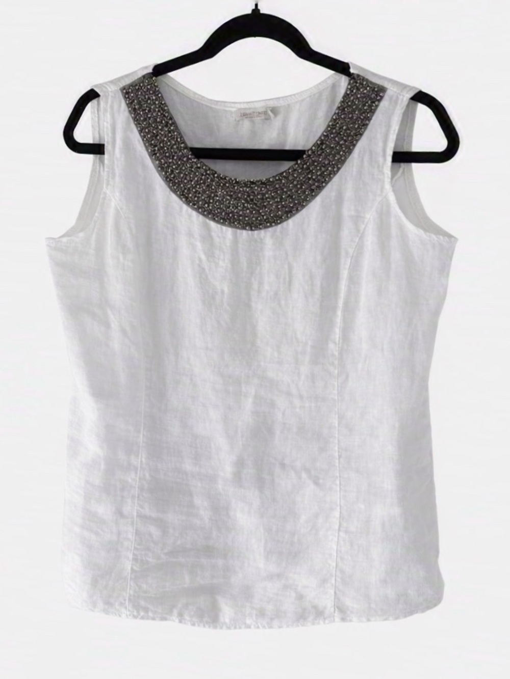 Lina Tomei White Linen Embellished Tank Top - Beaded Scoop Neck Size Large